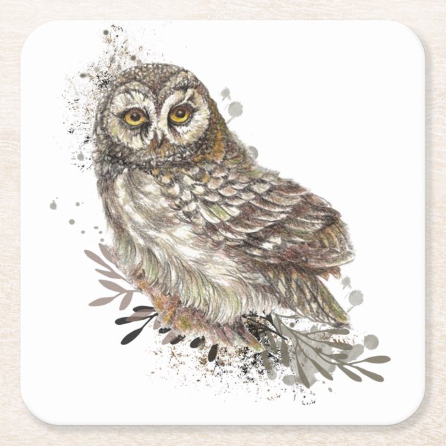 Cute Owl ,Watercolor Bird Nature Square Paper Coaster (Front)