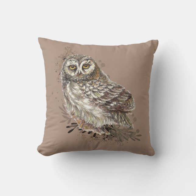 Cute Owl ,Watercolor Bird Nature Taupe  Cushion (Front)