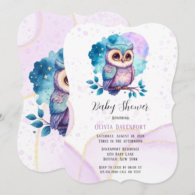 Cute Owl Watercolor Splash Girl Baby Shower Invitation (Front/Back)