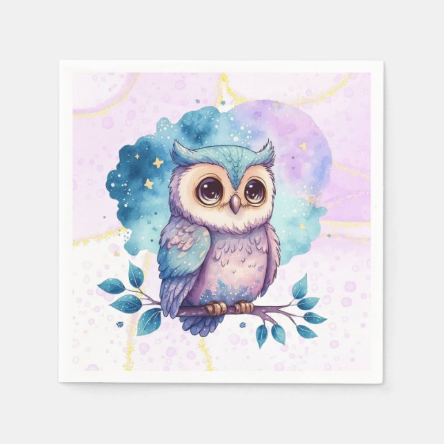 Cute Owl Watercolor Splash Girl Baby Shower Napkin (Front)