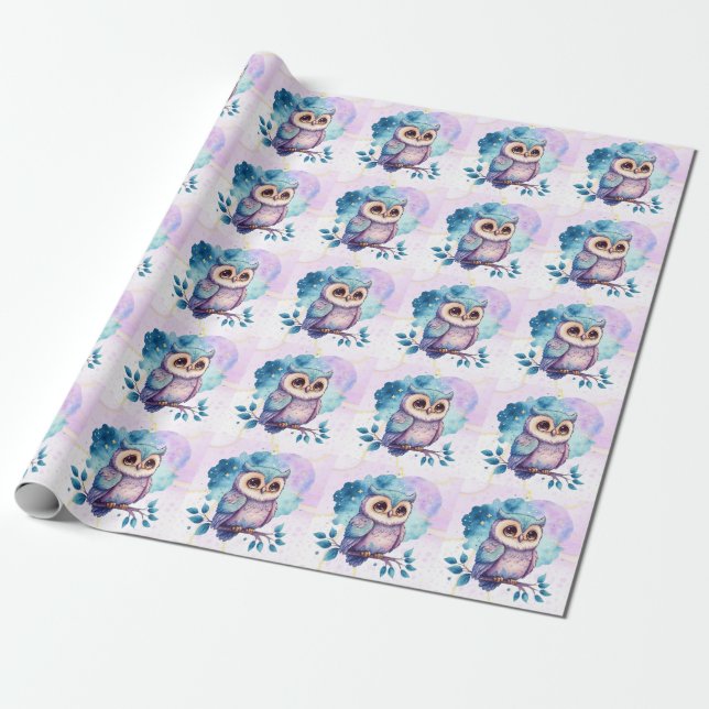 Cute Owl Watercolor Splash Girl Baby Shower Wrapping Paper (Unrolled)