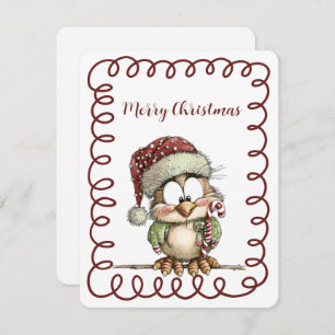 Cute Owl Wearing Santa Hat Holding Candy Cane Holiday Card