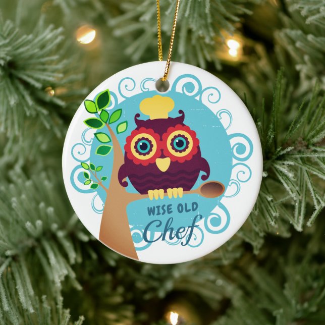 Cute owl wise old chef personalised Christmas Ceramic Tree Decoration (Tree)