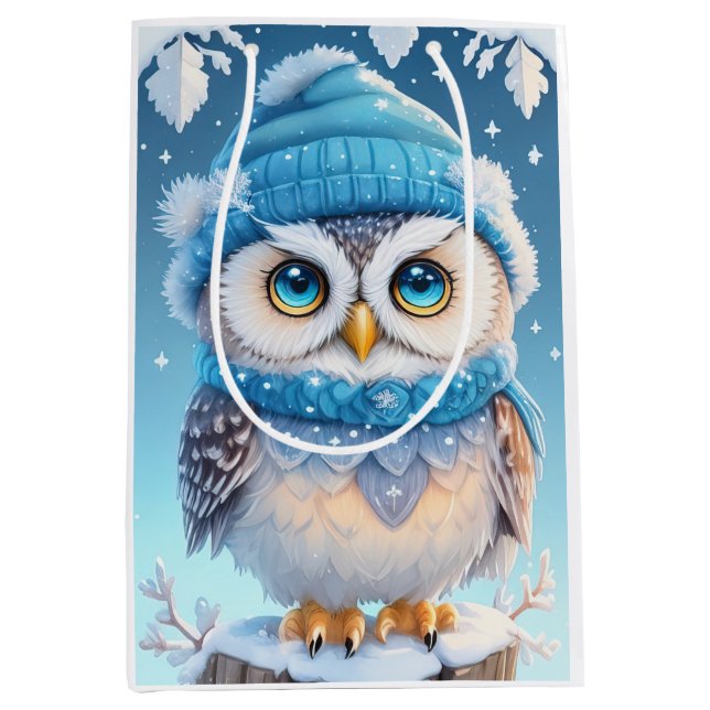 Cute owl with a blue hat illustration medium gift bag (Front)