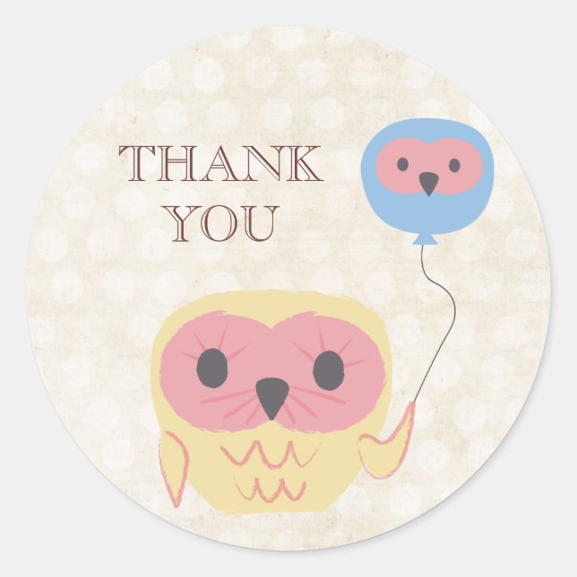 Cute Owl with Balloon Party Thank You Sticker (Front)