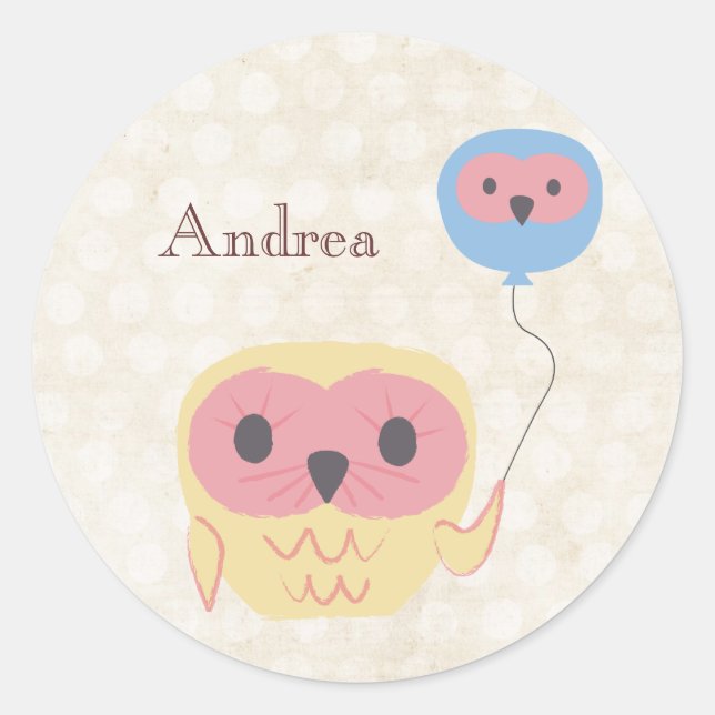 Cute Owl with Balloon Personalised Name Sticker (Front)