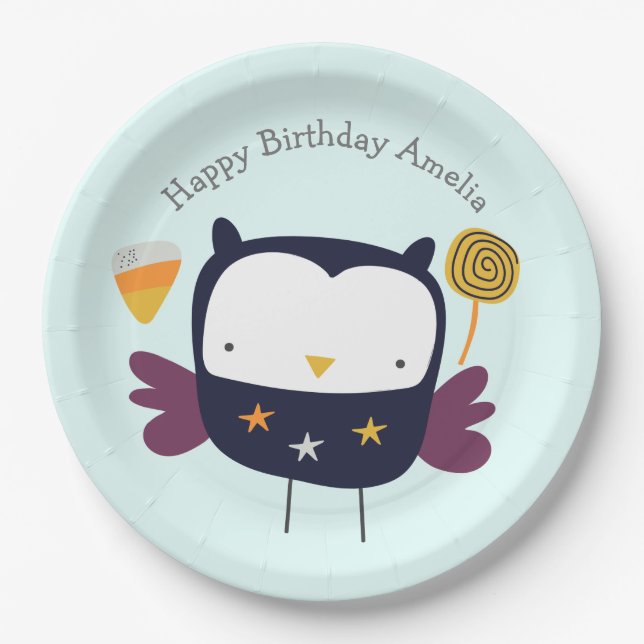 Cute Owl with Candies Party Paper Plate (Front)