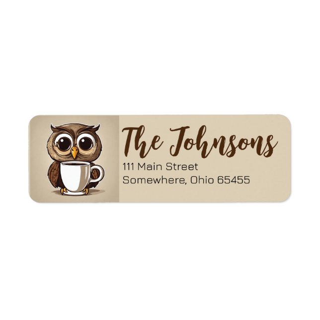 Cute Owl with Coffee Return Address Label (Front)