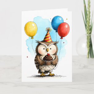 Cute Owl with Cupcake Kid's Happy Birthday Card