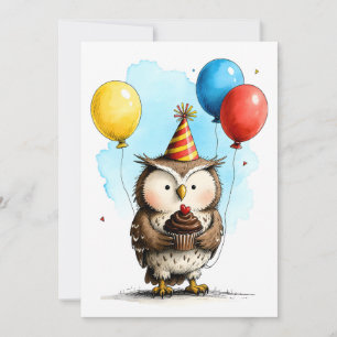 Cute Owl with Cupcake Kid's Happy Birthday Flat Card