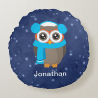Cute Owl with Ear Muffs and Scarf on Blue