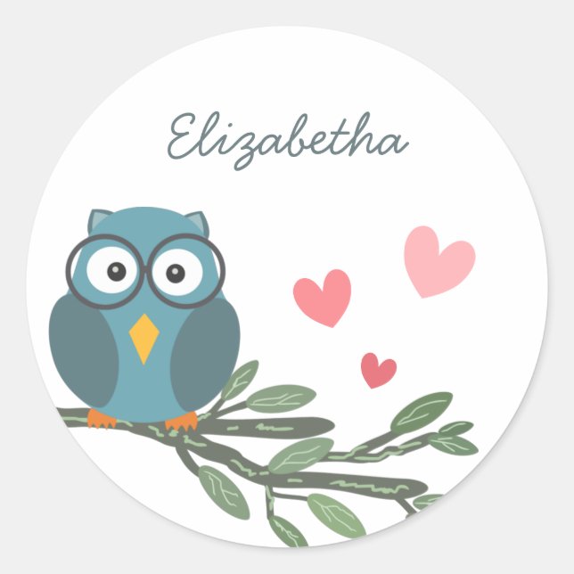 Cute Owl with eyeglasses on a branch custom name Classic Round Sticker (Front)