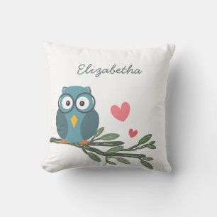 Cute Owl with eyeglasses on a branch custom name Cushion