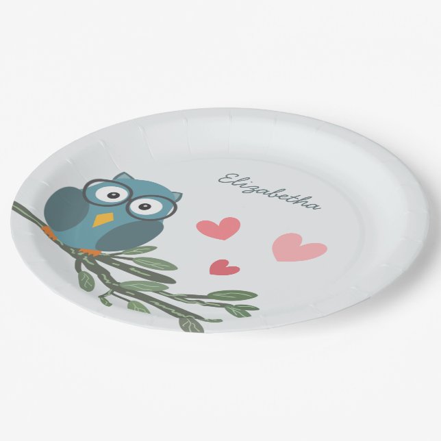 Cute Owl with eyeglasses on a branch custom name Paper Plate (Angled)