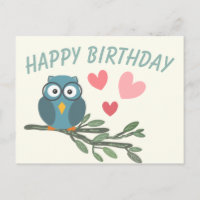 Cute Owl with eyeglasses on branch happy birthday