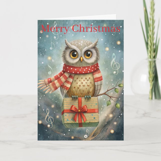 Cute Owl with Gift Holiday Card (Front)