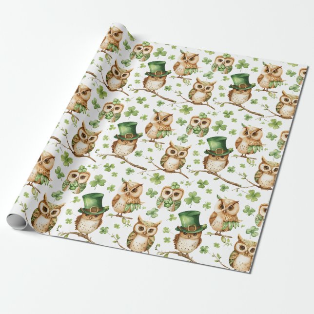 Cute Owl with Green Hat Shamrock St. Patrick's Day Wrapping Paper (Unrolled)