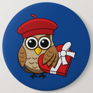 Cute Owl with Red Beret and Heart Box 6 Cm Round Badge