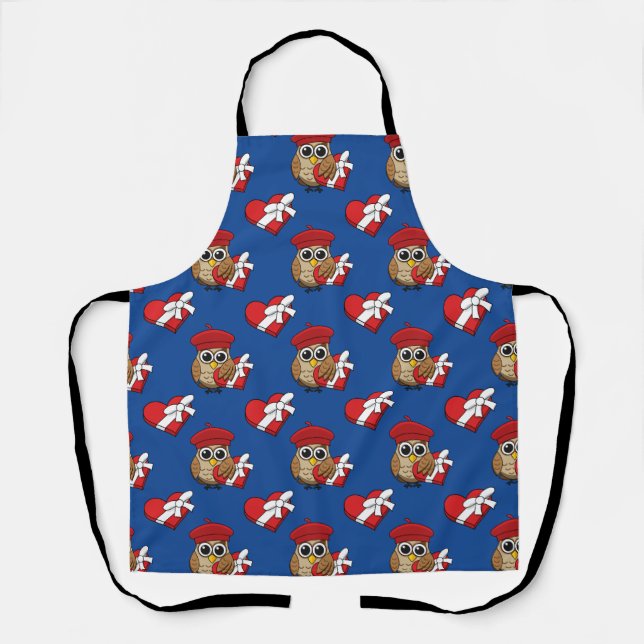 Cute Owl with Red Beret and Heart Box Apron (Front)