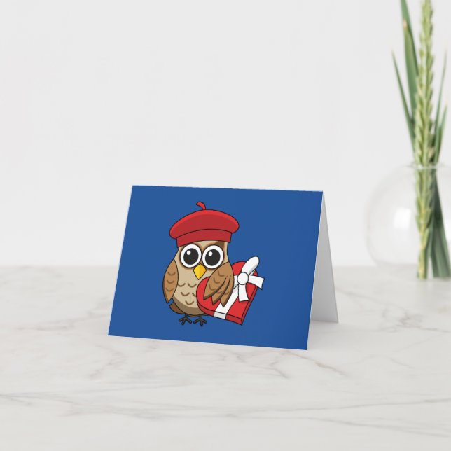 Cute Owl with Red Beret and Heart Box Card (Front)