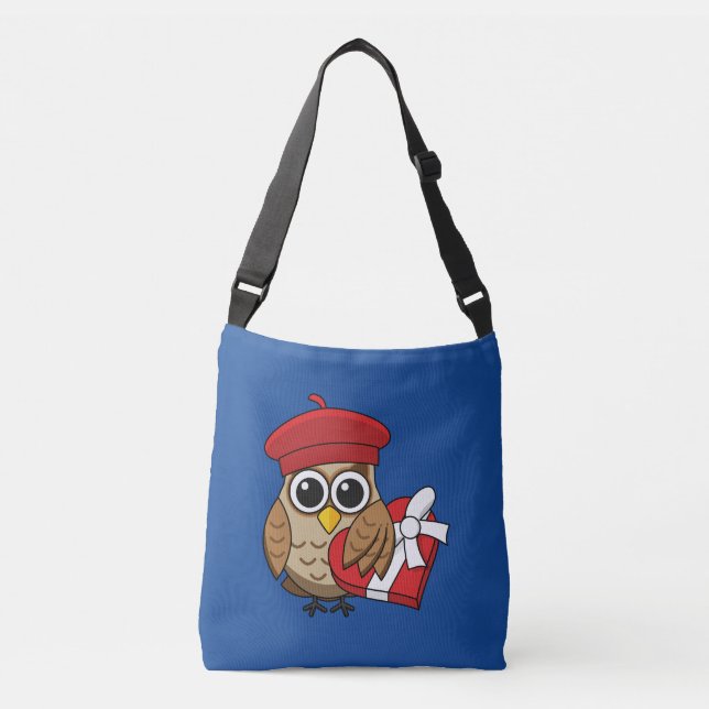 Cute Owl with Red Beret and Heart Box Crossbody Bag (Front)
