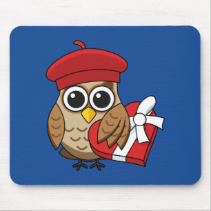 Cute Owl with Red Beret and Heart Box Mouse Pad