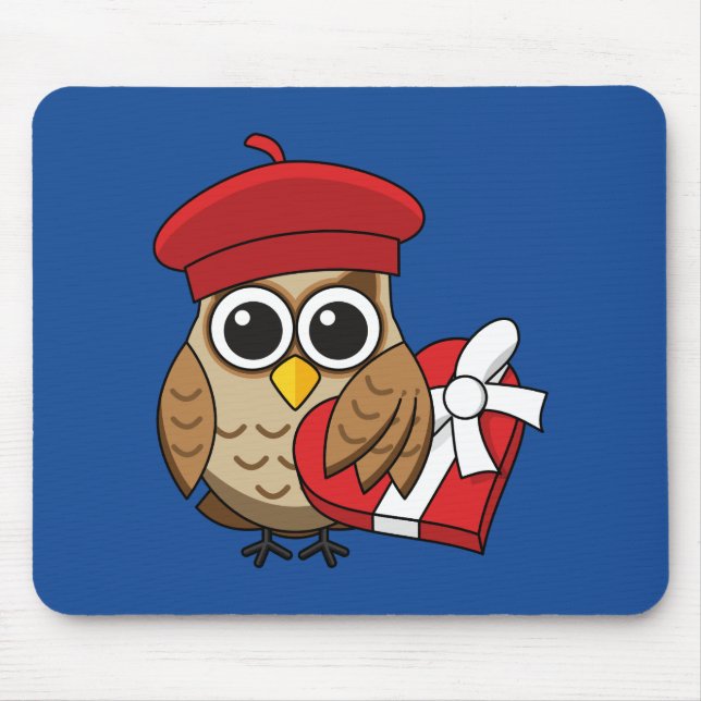 Cute Owl with Red Beret and Heart Box Mouse Pad (Front)