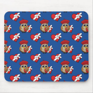 Cute Owl with Red Beret and Heart Box Mouse Pad