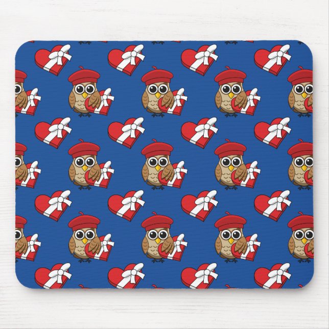 Cute Owl with Red Beret and Heart Box Mouse Pad (Front)