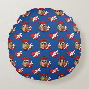 Cute Owl with Red Beret and Heart Box Round Cushion
