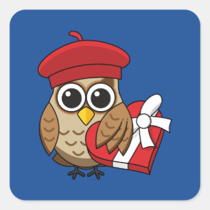 Cute Owl with Red Beret and Heart Box Square Sticker
