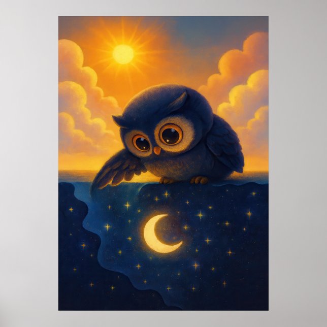 Cute Owl with Sun and Moon Fantasy Night Sky  Poster (Front)