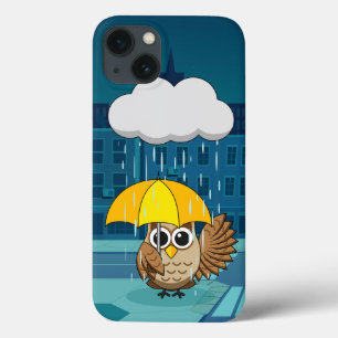 Cute Owl with Umbrella on Rainy Day iPhone 13 Case