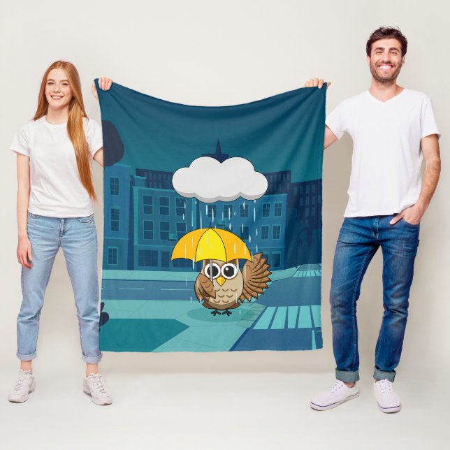 Cute Owl with Umbrella on Rainy Day Fleece Blanket (In Situ)