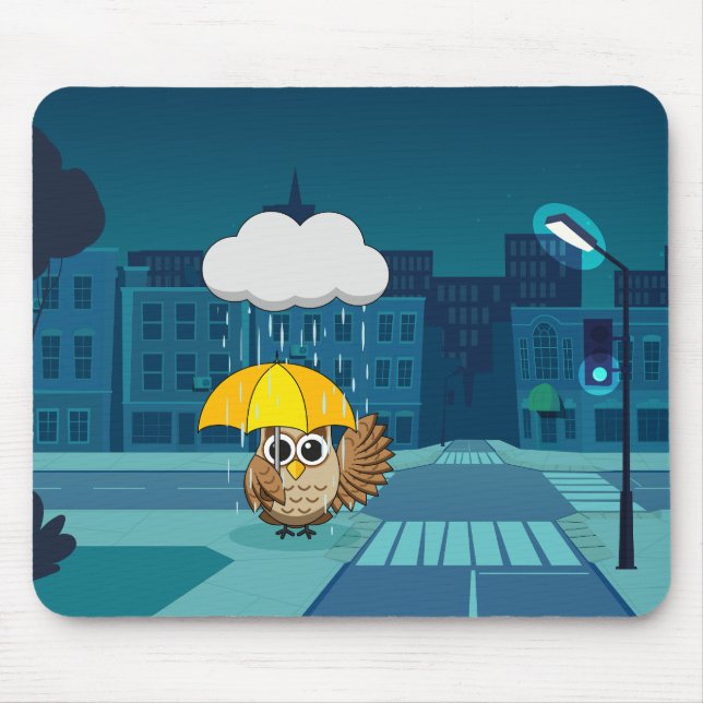 Cute Owl with Umbrella on Rainy Day Mouse Pad (Front)