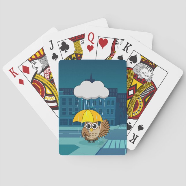 Cute Owl with Umbrella on Rainy Day Playing Cards (Back)