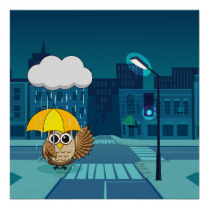 Cute Owl with Umbrella on Rainy Day Poster