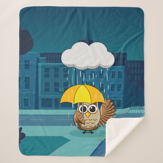 Cute Owl with Umbrella on Rainy Day Sherpa Blanket (Front)