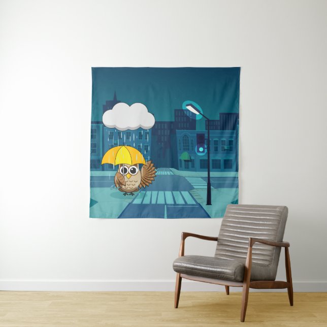Cute Owl with Umbrella on Rainy Day Tapestry (In Situ)