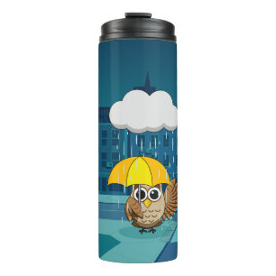 Cute Owl with Umbrella on Rainy Day Thermal Tumbler