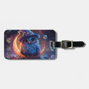 Cute Owl Wizard on the Moon: Magical Fantasy Art Luggage Tag