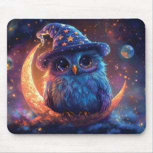 Cute Owl Wizard on the Moon: Magical Fantasy Art Mouse Pad