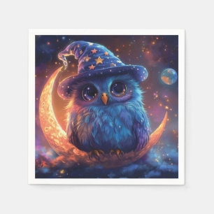 Cute Owl Wizard on the Moon: Magical Fantasy Art Napkin