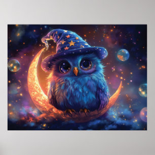 Cute Owl Wizard on the Moon: Magical Fantasy Art Poster