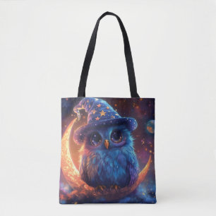 Cute Owl Wizard on the Moon: Magical Fantasy Art Tote Bag