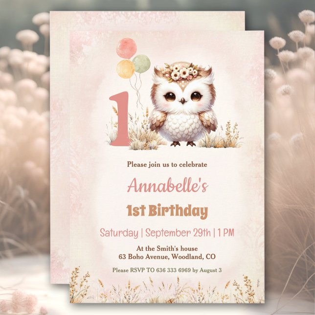 Cute Owl Woodland Boho Girl 1st Birthday  Invitation (Cute Owl Woodland Boho Girl 1st Birthday Invitation)