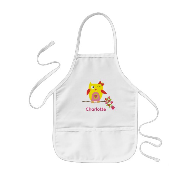 Cute Owl Yellow Pink Flowers Personalised Kids Apron (Front)