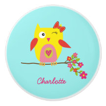 Cute Owl Yellow Pink Flowers Personalised Name