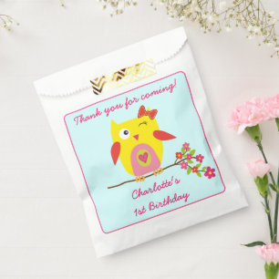 Cute Owl Yellow Pink Flowers Thank you Birthday Favour Bags