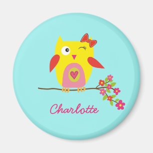 Cute Owl Yellow Pink Illustration Customisable Magnet